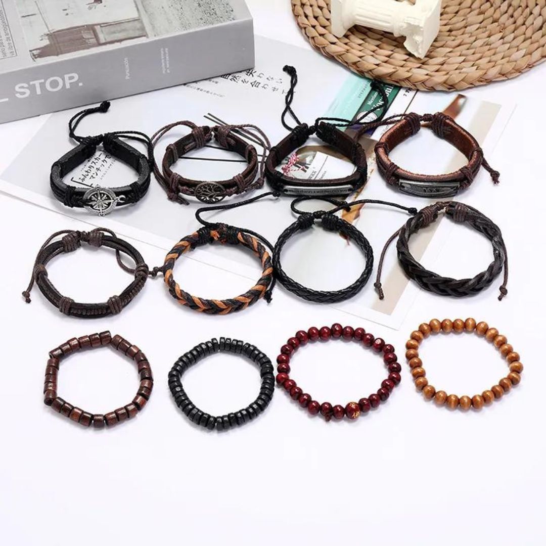Vowryn Raider Leather & Bead Bracelet Set