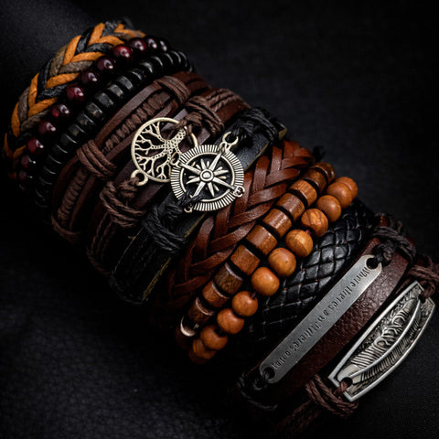 Vowryn Raider Leather & Bead Bracelet Set