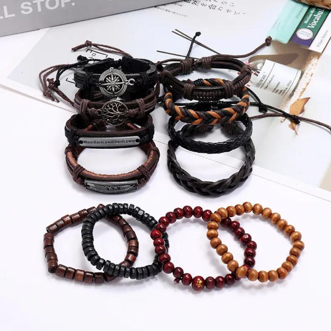 Vowryn Raider Leather & Bead Bracelet Set