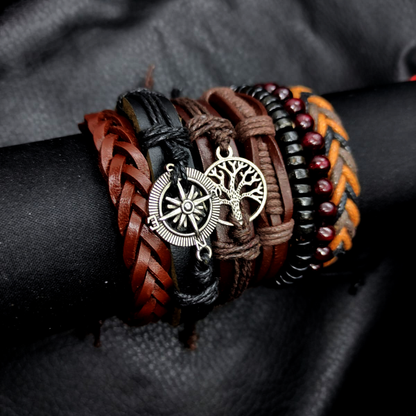 Vowryn Raider Leather & Bead Bracelet Set