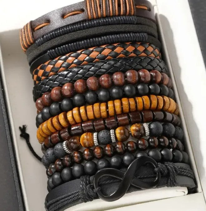 Vowryn Twelvefold Leather & Bead Bracelet Set