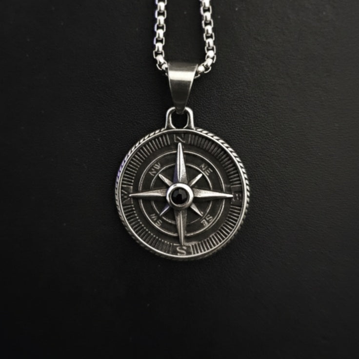 Vowryn Blackstone Explorer Compass Necklace